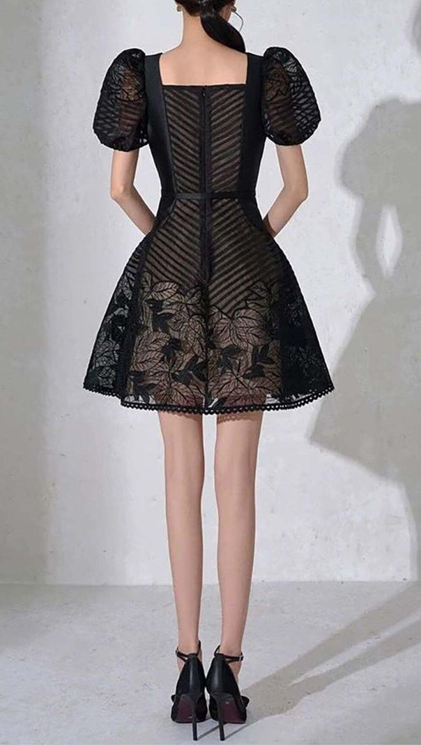 AIIZIE PUFF-SLEEV MESH MINI A-LINE DRESS IN BLACK - product image