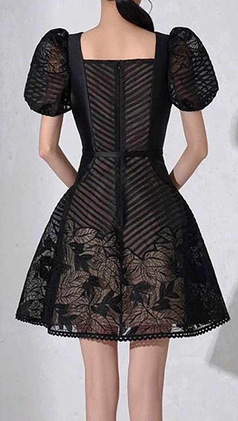 PUFF-SLEEV MESH MINI A-LINE DRESS IN BLACK