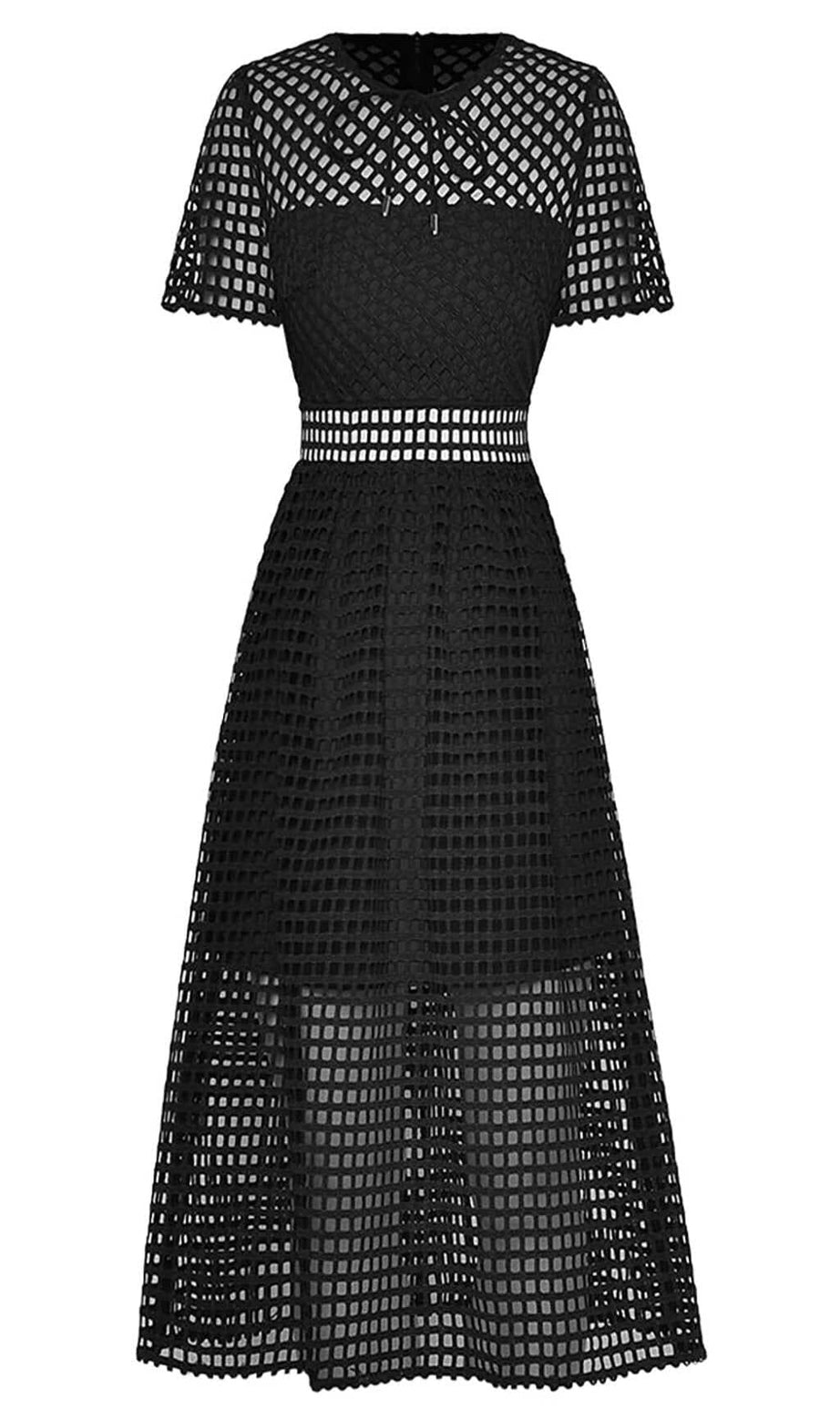 PUFFED SLEEVE LACE MIDI DRESS IN BLACK