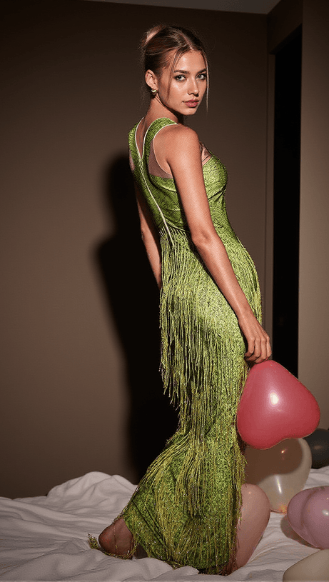 Cyfel – Grünes Midikleid mit Blumen- und Kristallfransen