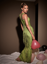 Cyfel Floral Crystal Fringe Midi Dress In Green