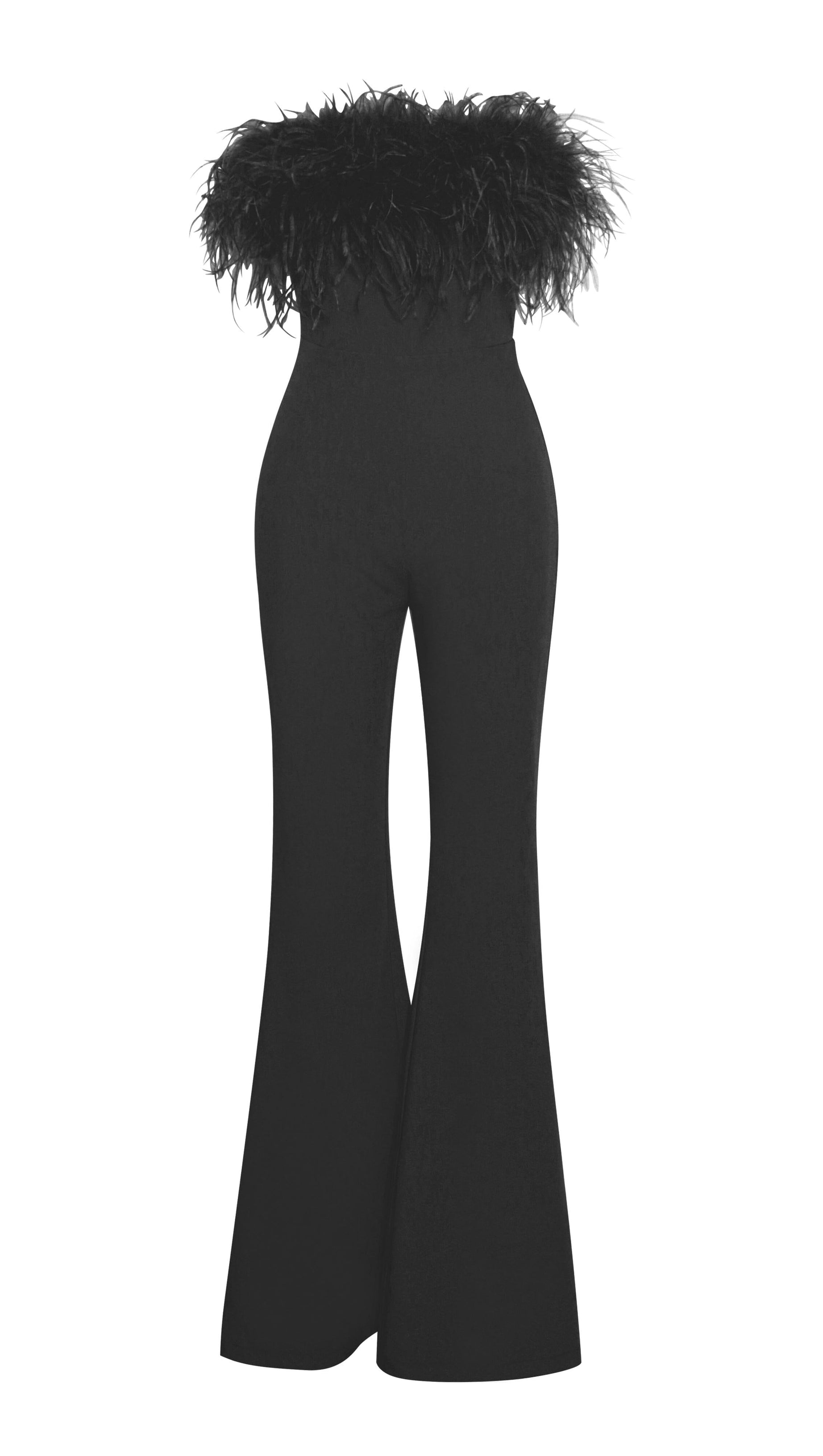 FEATHER JUMPSUIT IN BLACK