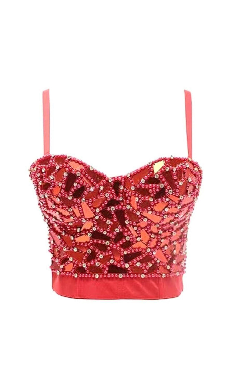 CORSETTO CON PERLINE ROSSE E PAILLETTES