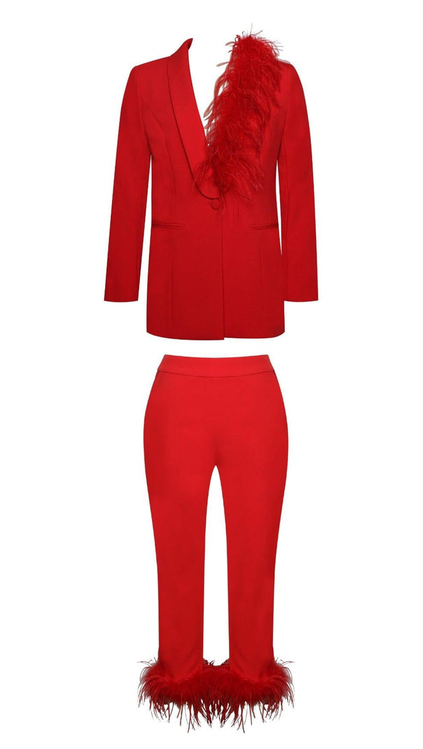 AIIZIE RED BLAZER SUIT WITH FEATHER TRIM - product image