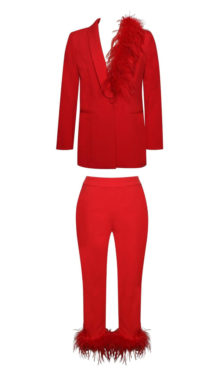 ABITO BLAZER ROSSO CON BORDI IN PIUME