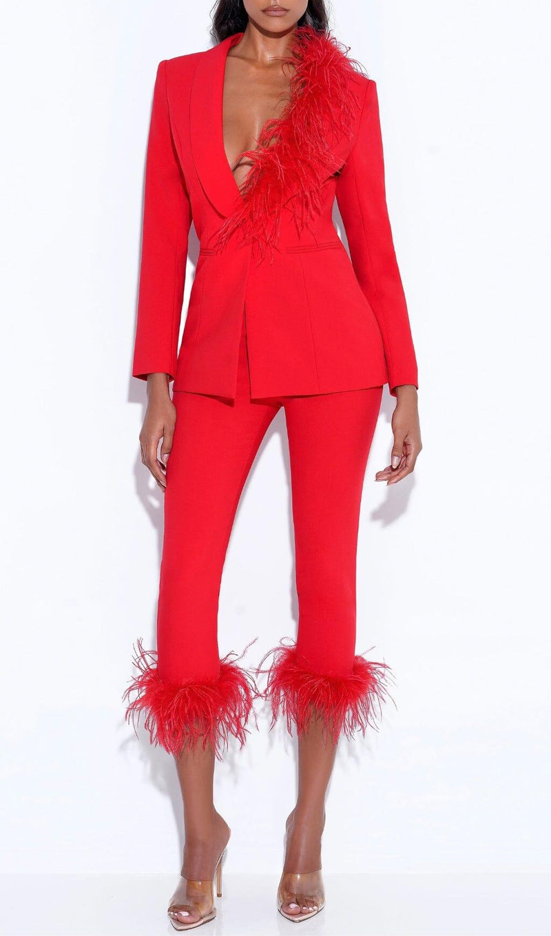 RED BLAZER SUIT WITH FEATHER TRIM