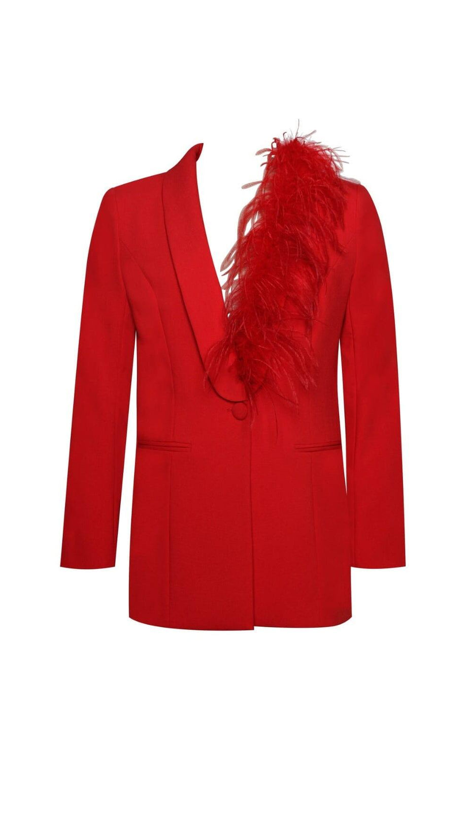 ROTER BLAZERANZUG MIT FEDERBESATZ