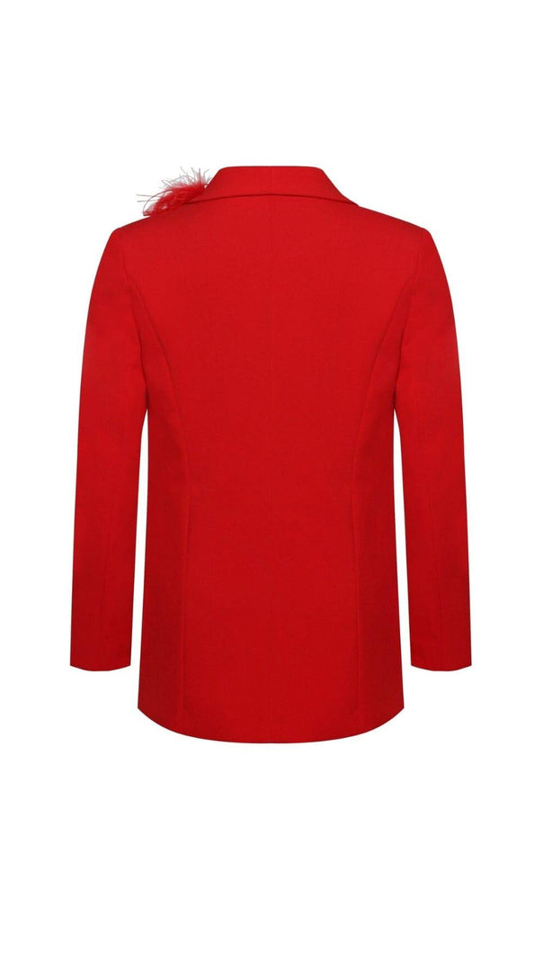 AIIZIE RED BLAZER SUIT WITH FEATHER TRIM - product image