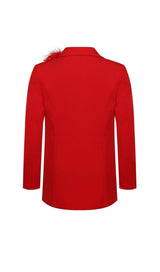 RED BLAZER SUIT WITH FEATHER TRIM