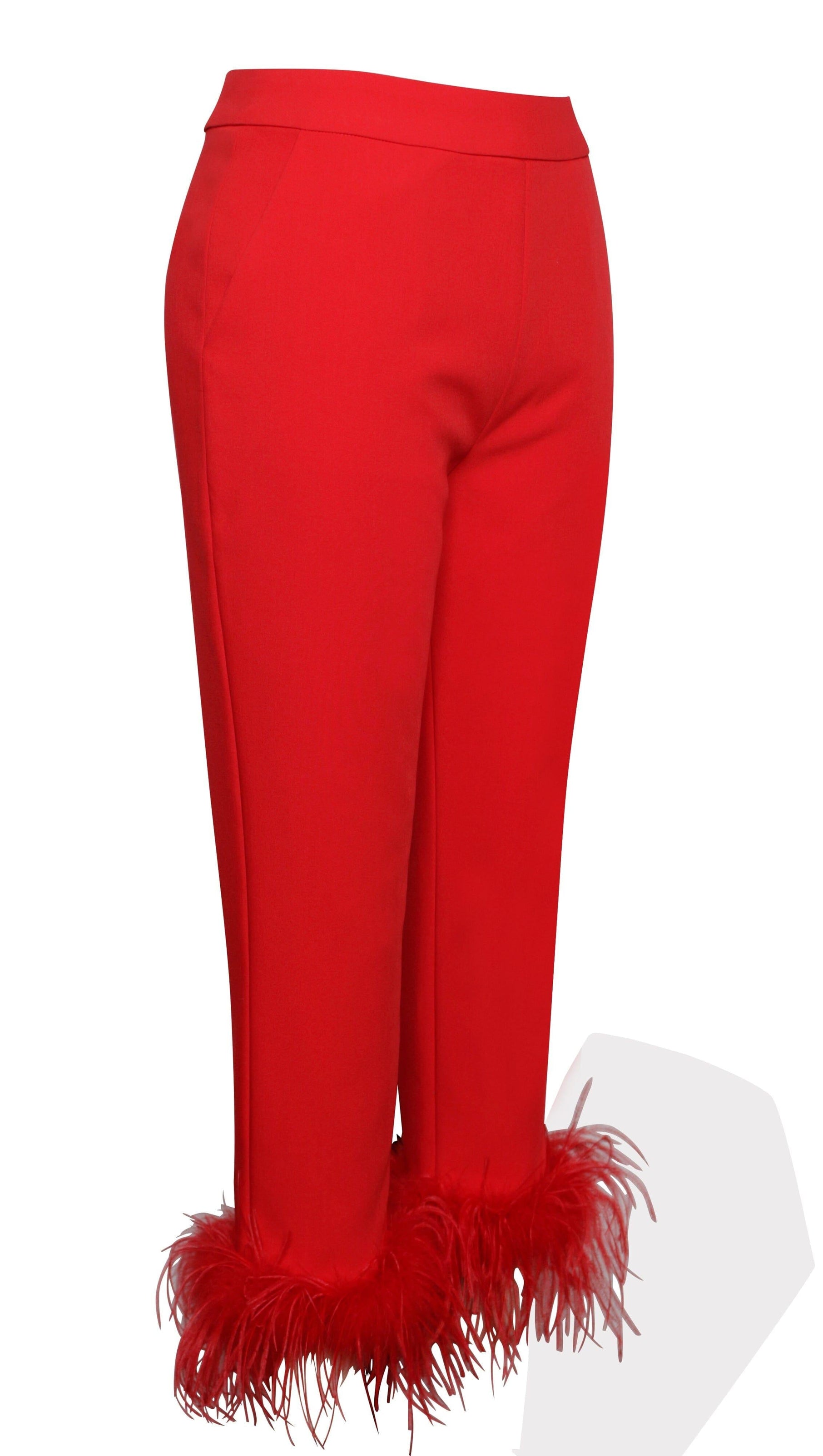 Red Blazer Suit with Feather Trim