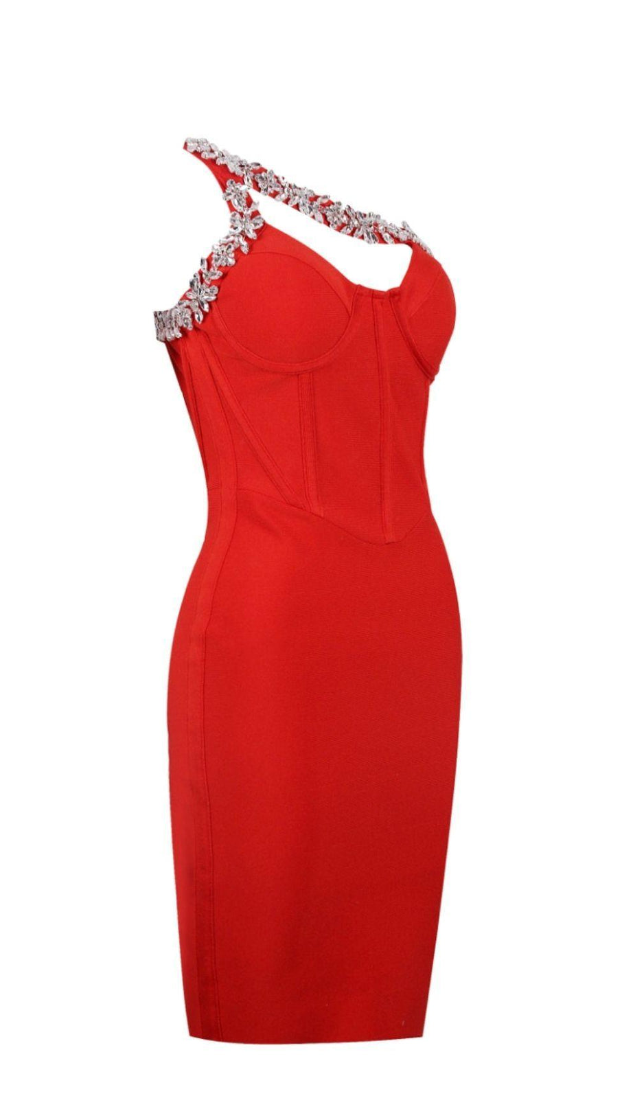 ROTES CROSET-KLEID MIT KRISTALLTRÄGERN