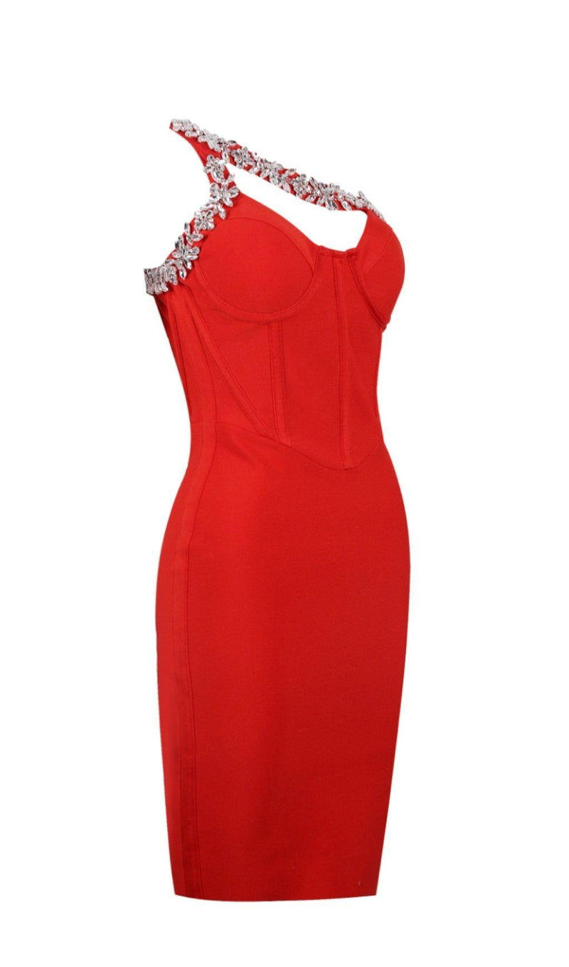 RED CRYSTAL STRAPS CROSET DRESS