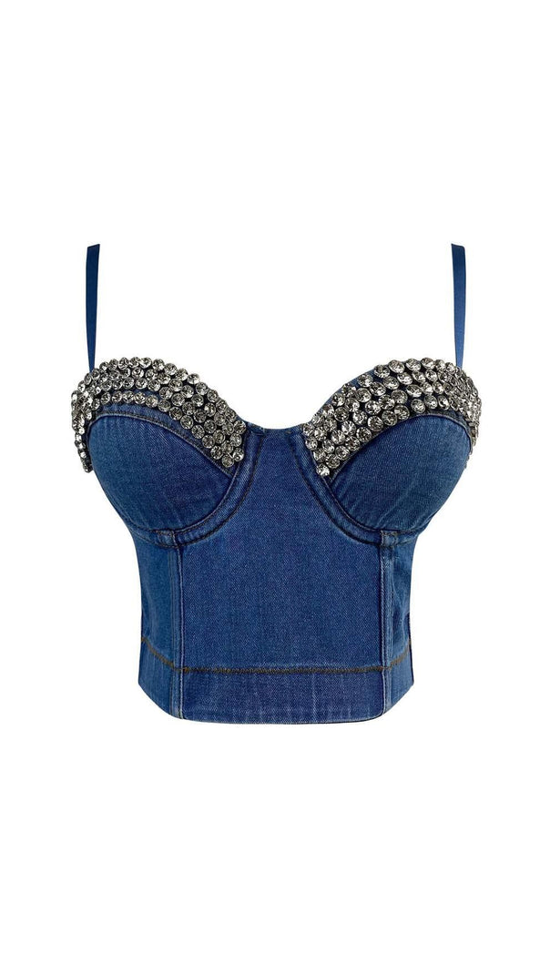 AIIZIE RHINESTONE BACKLESS CROPPED TOP IN NAVY BLUE - product image