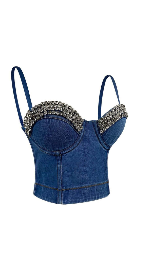 AIIZIE RHINESTONE BACKLESS CROPPED TOP IN NAVY BLUE - product image