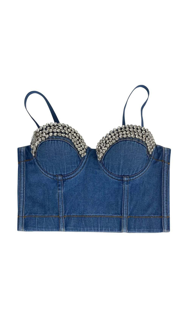 AIIZIE RHINESTONE BACKLESS CROPPED TOP IN NAVY BLUE - product image