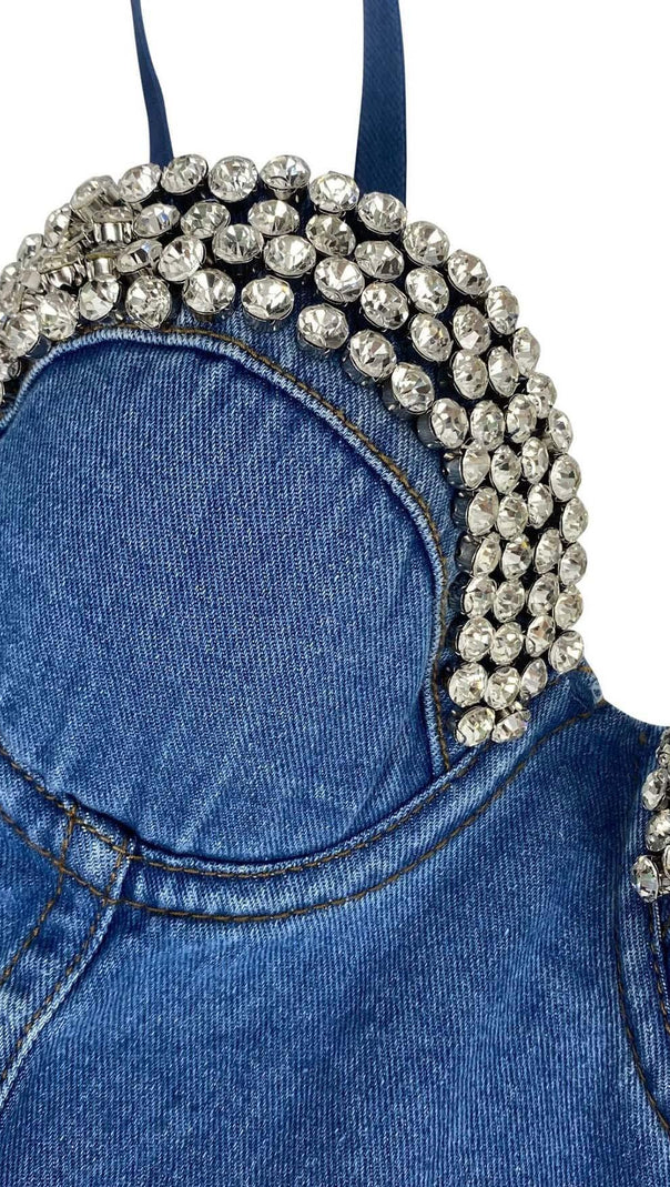 AIIZIE RHINESTONE BACKLESS CROPPED TOP IN NAVY BLUE - product image