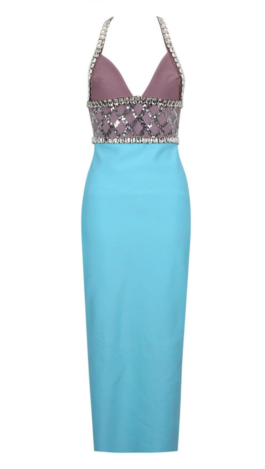 RHINESTONE PLUNGE MIDI DRESS IN TURQUOISE