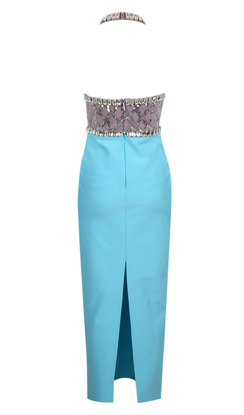 RHINESTONE PLUNGE MIDI DRESS IN TURQUOISE