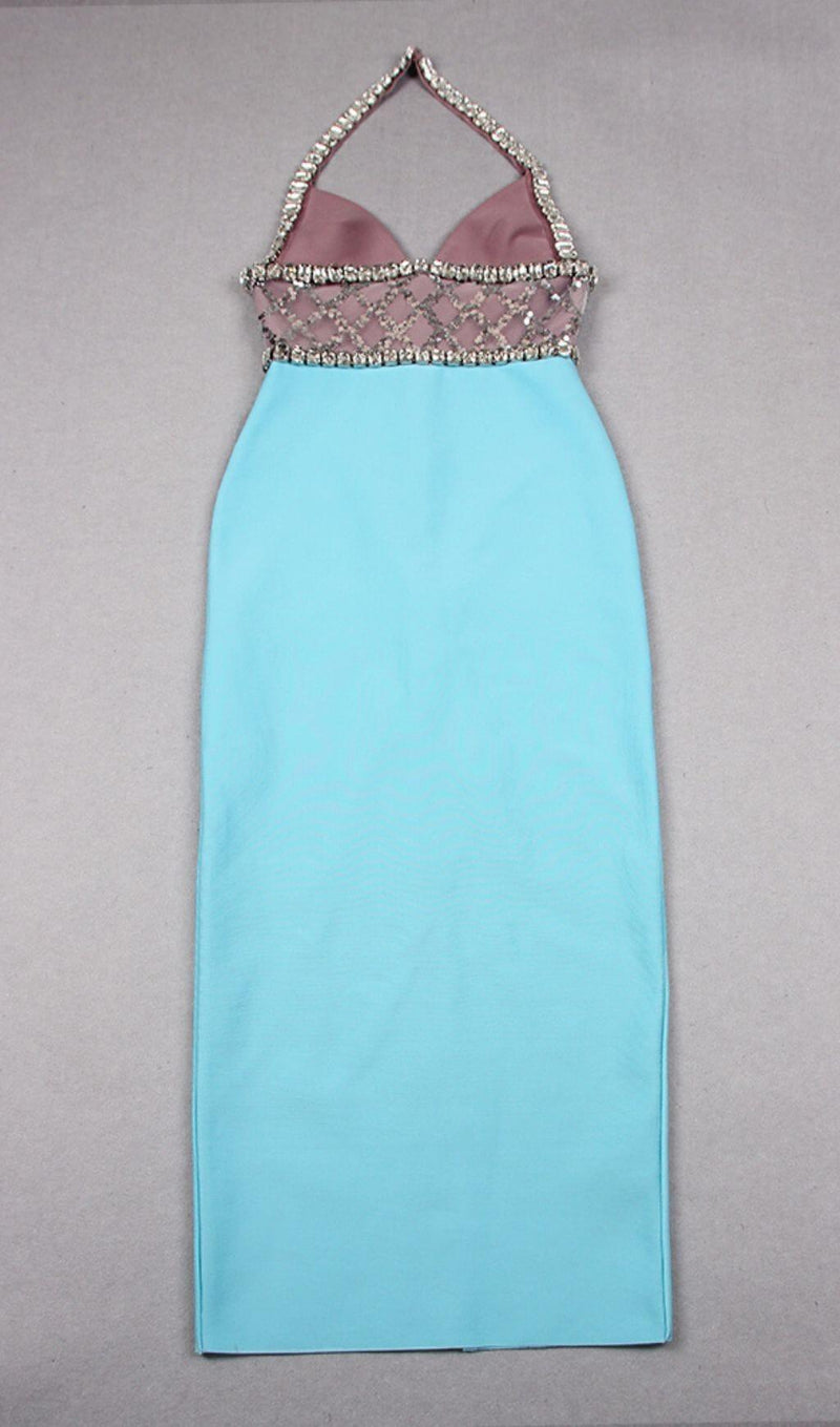 RHINESTONE PLUNGE MIDI DRESS IN TURQUOISE