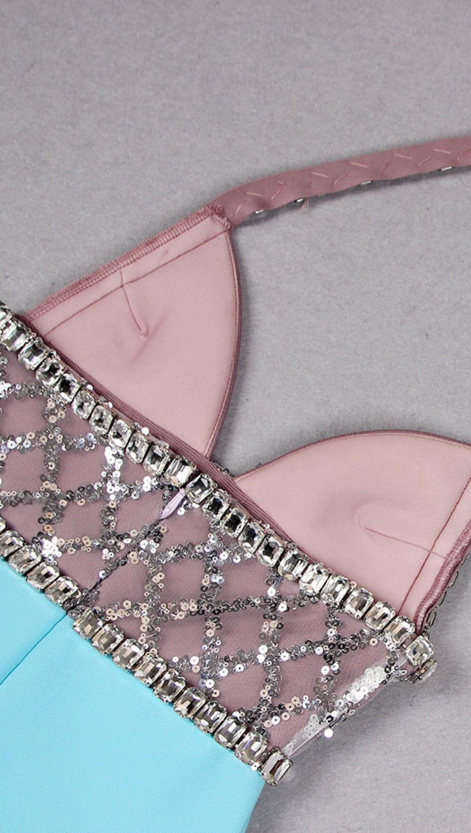 RHINESTONE PLUNGE MIDI DRESS IN TURQUOISE