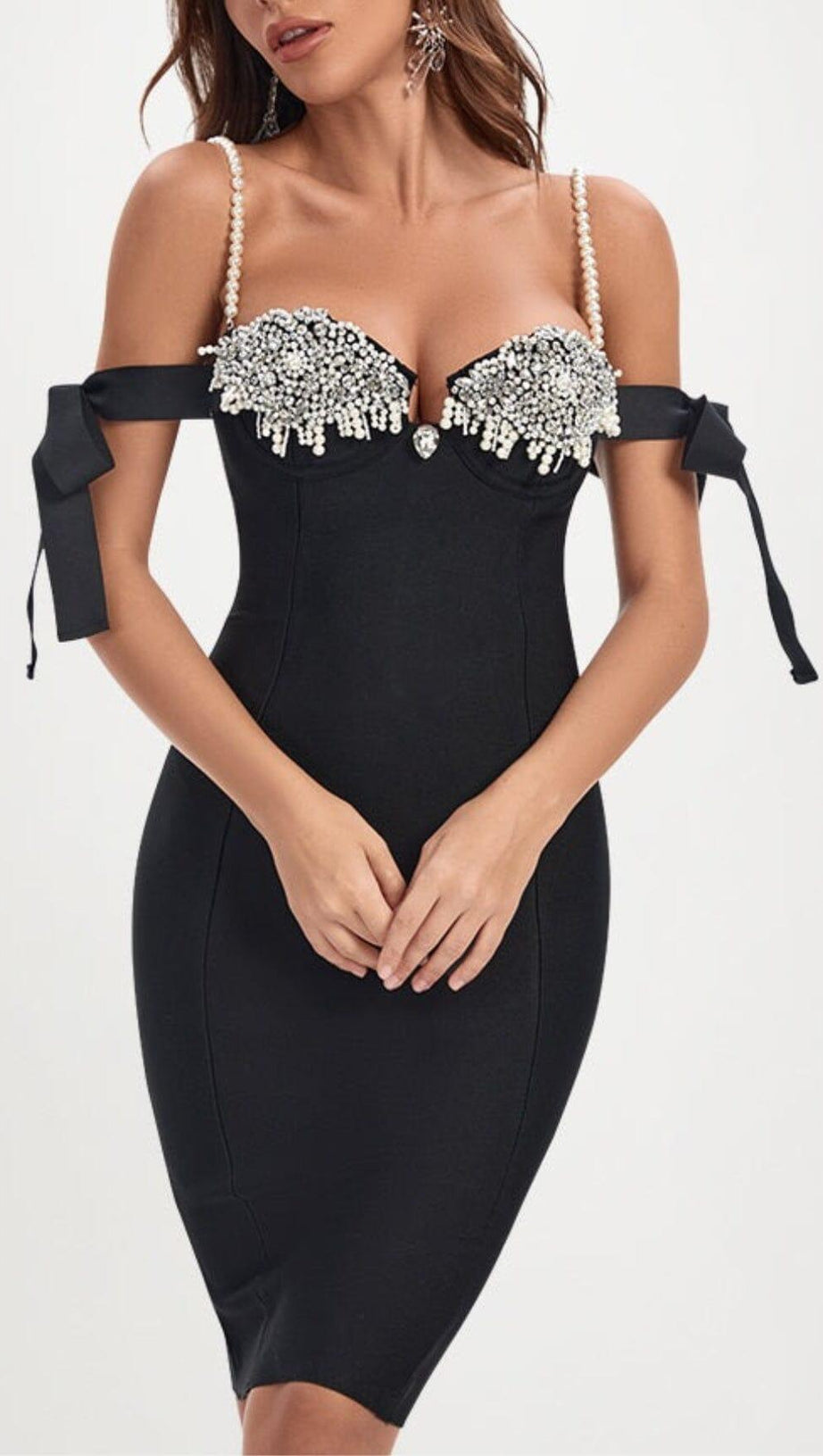 ABITO MIDI CON SPALLINE E STRASS IN NERO