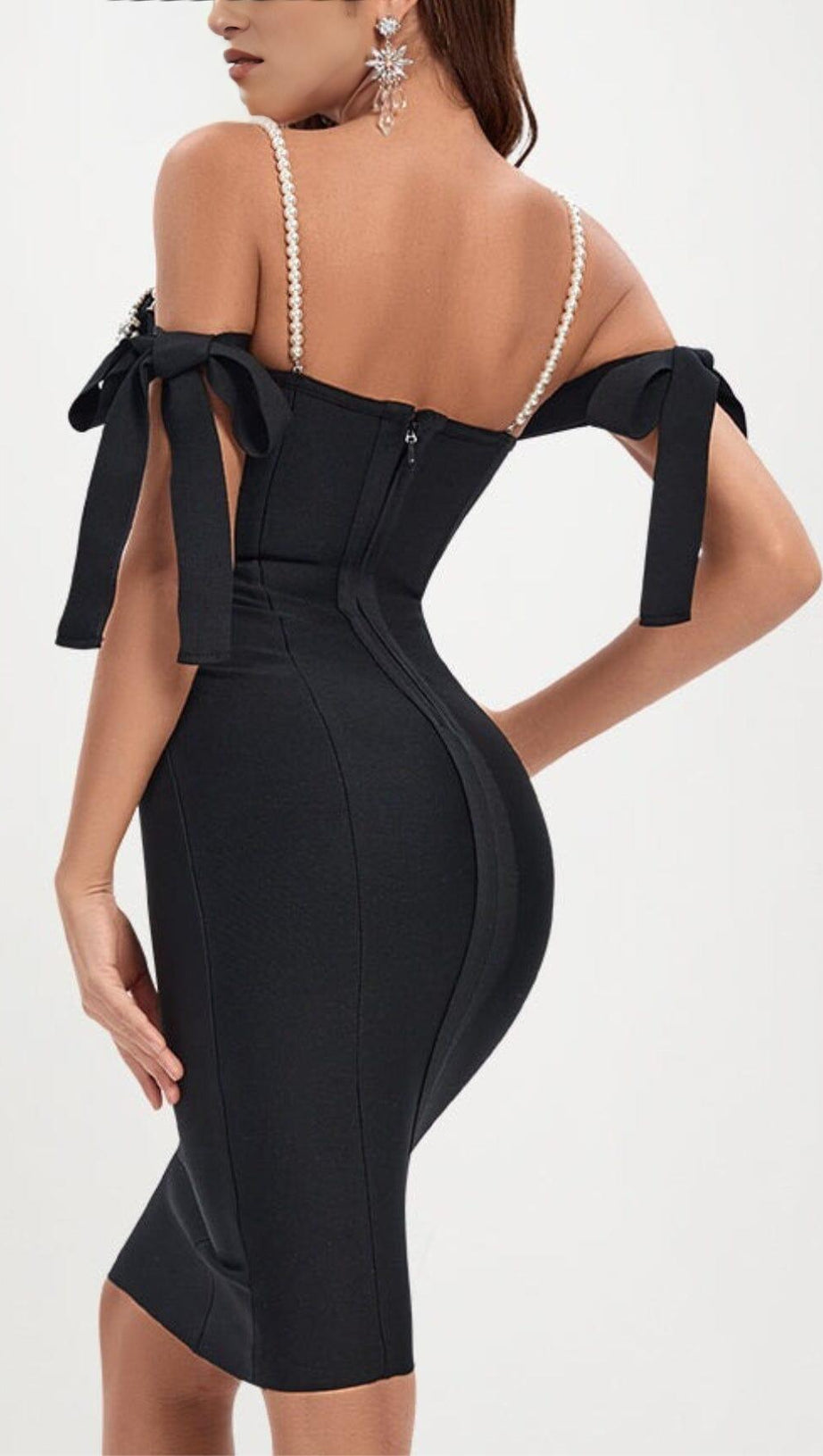 RHINESTONE STRAPPY MIDI DRESS IN BLACK