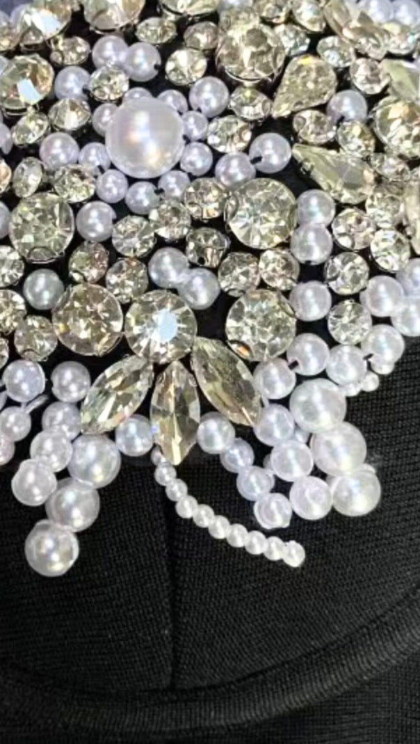 ABITO MIDI CON SPALLINE E STRASS IN NERO
