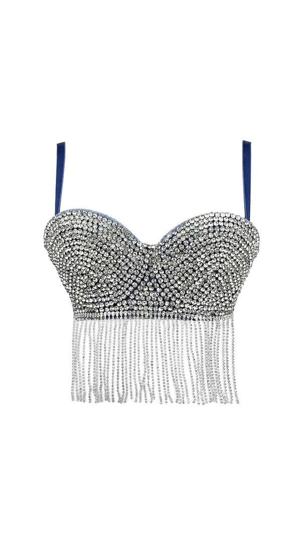 AIIZIE RHINESTONE TASSEL DENIM CROPPED TOP IN BLUE - product image