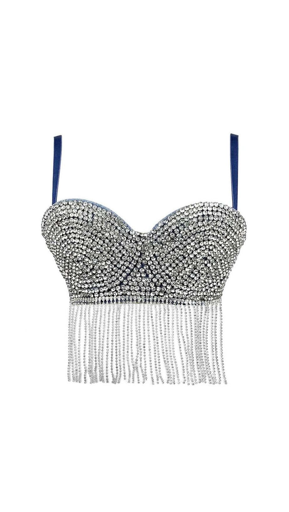 RHINESTONE TASSEL DENIM CROPPED TOP IN BLUE
