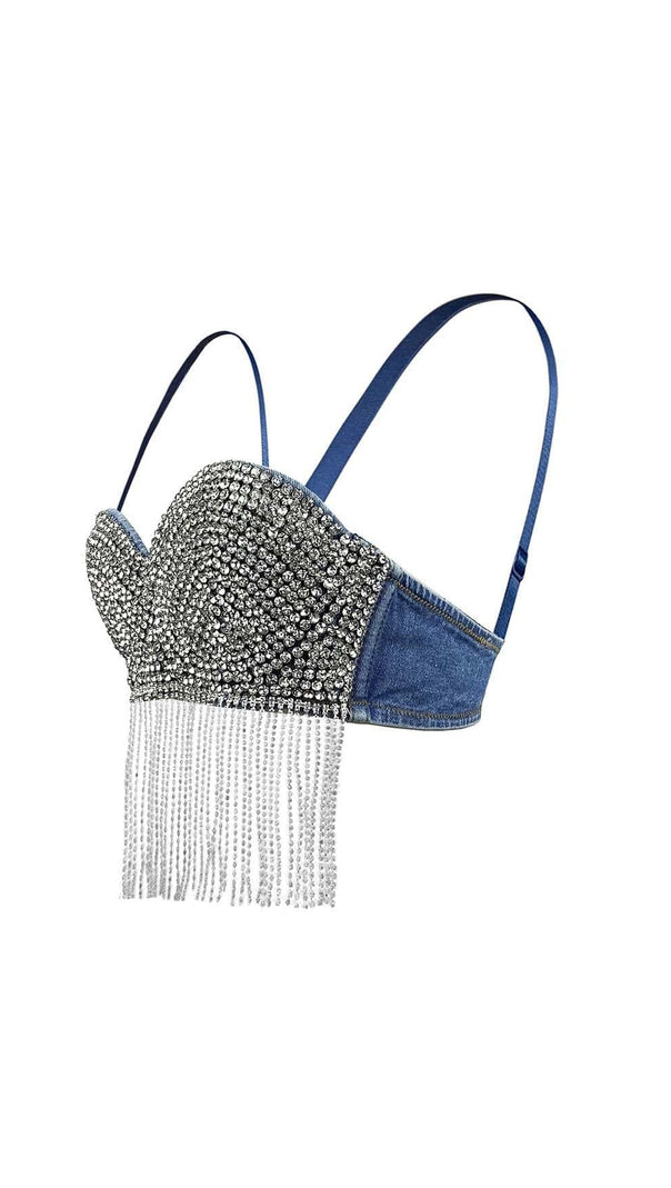 AIIZIE RHINESTONE TASSEL DENIM CROPPED TOP IN BLUE - product image