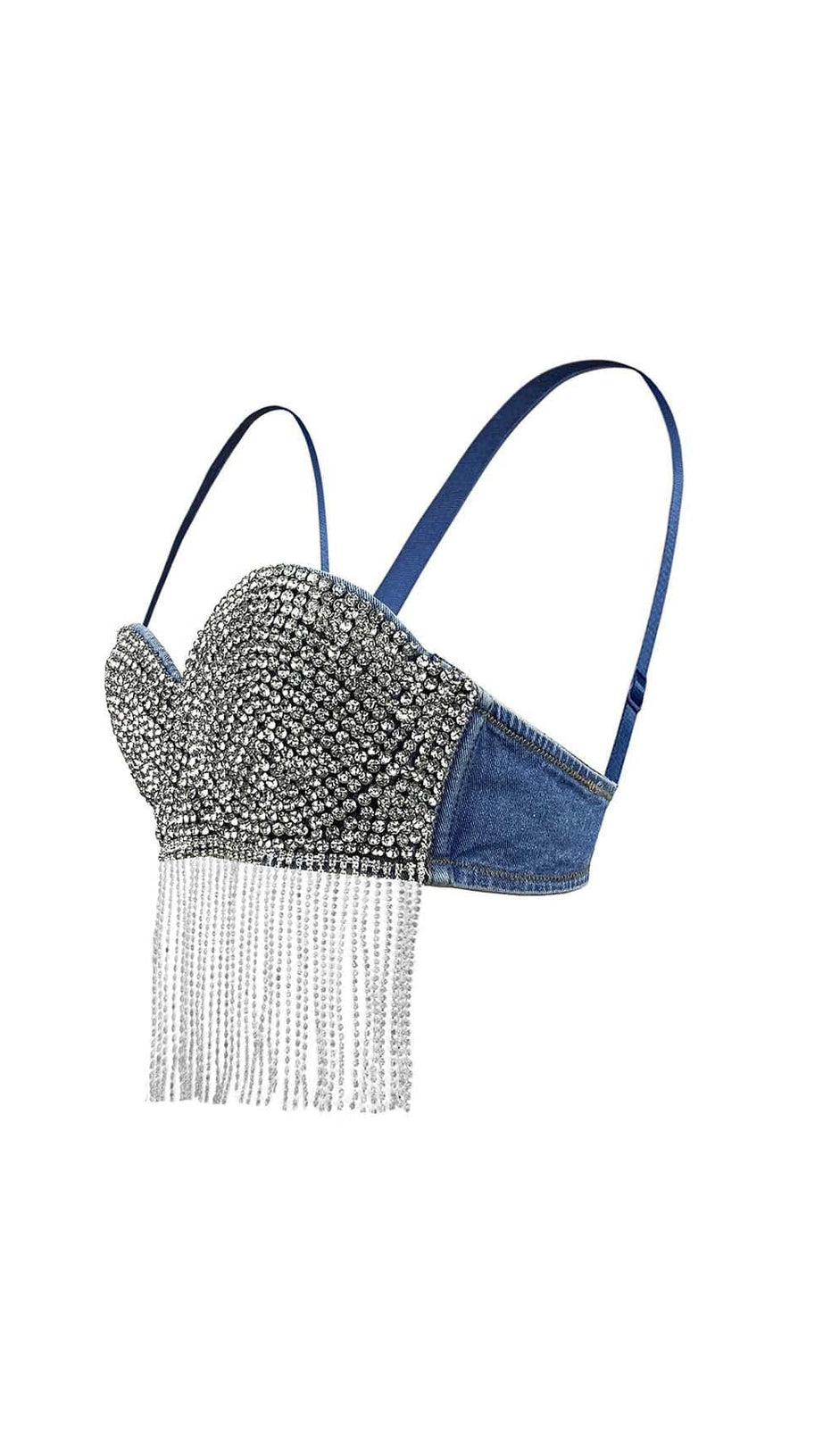 RHINESTONE TASSEL DENIM CROPPED TOP IN BLUE