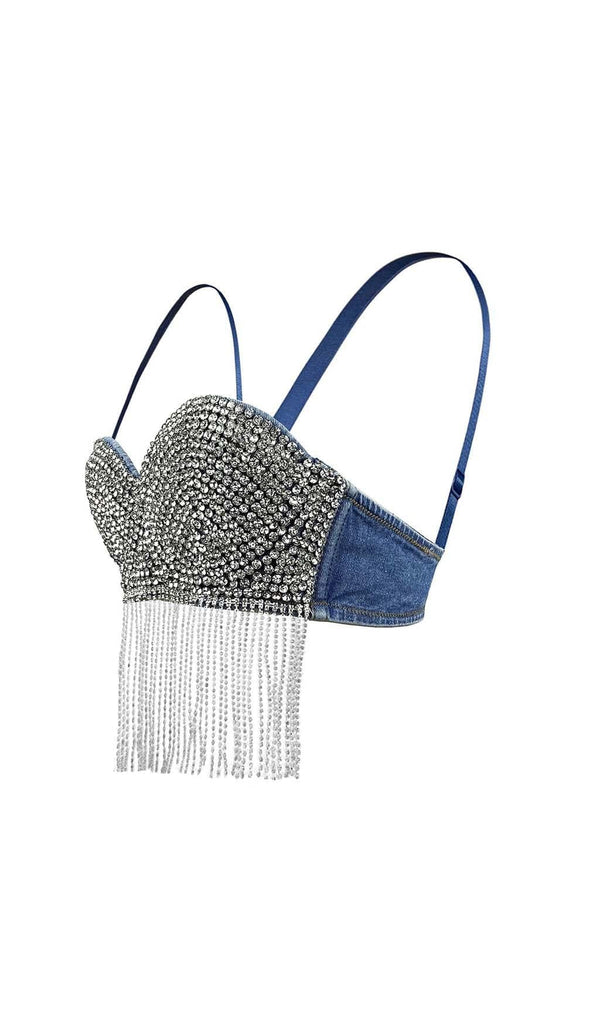 RHINESTONE TASSEL DENIM CROPPED TOP IN BLUE