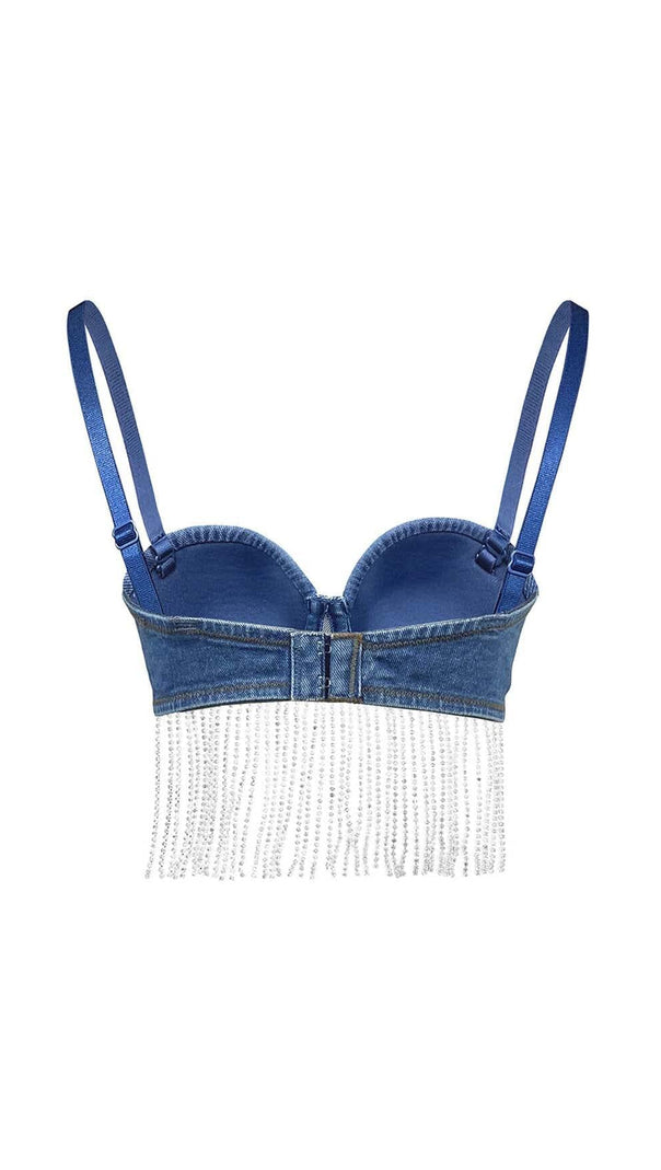 AIIZIE RHINESTONE TASSEL DENIM CROPPED TOP IN BLUE - product image
