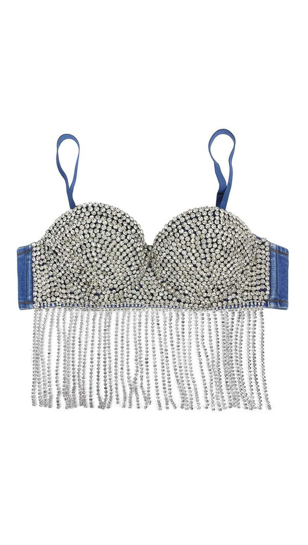AIIZIE RHINESTONE TASSEL DENIM CROPPED TOP IN BLUE - product image