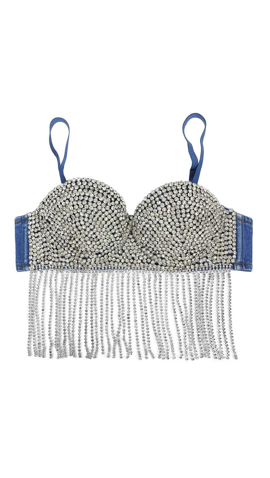 RHINESTONE TASSEL DENIM CROPPED TOP IN BLUE