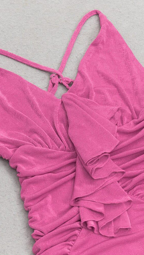 ROSE EMBELLISHED RUFFLED MIDI DRESS IN PINK