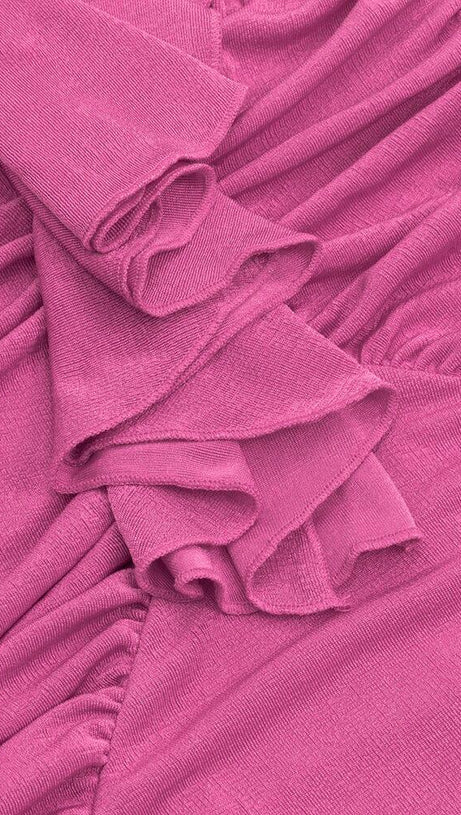 ROSE EMBELLISHED RUFFLED MIDI DRESS IN PINK