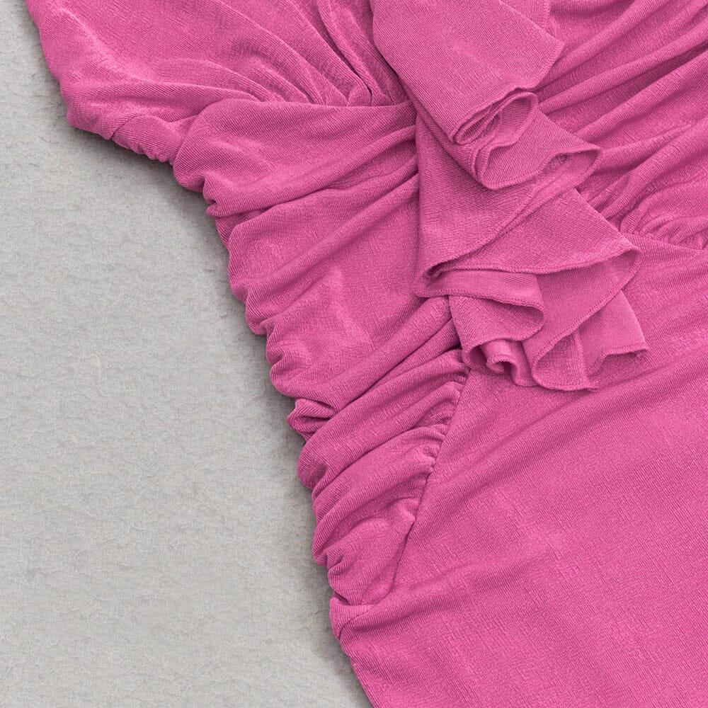 ABITO MIDI ROSA CON VOLANT E DECORAZIONI ROSE