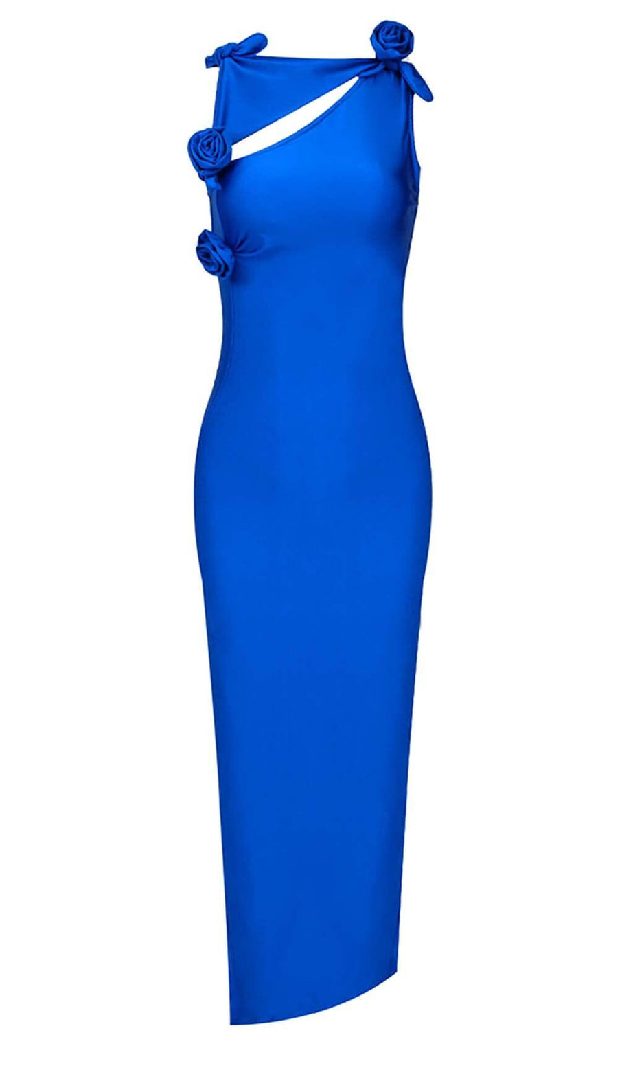 ROSE-EMBELLISHED SATIN MIDI DRESS IN BLUE