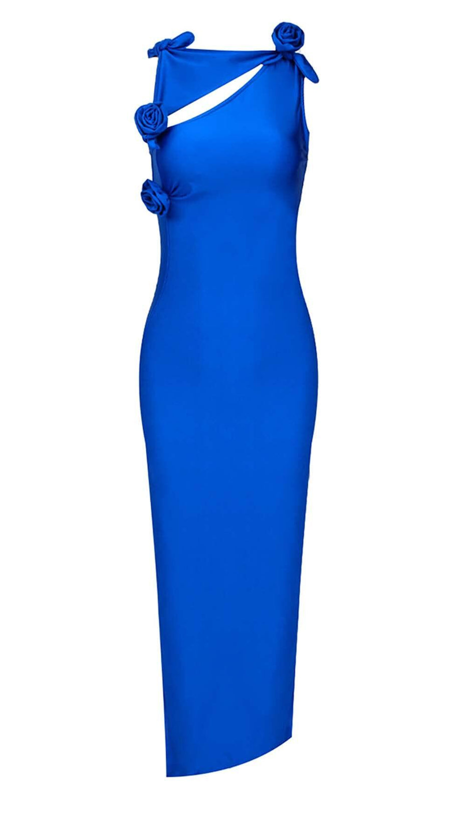 ROSE-EMBELLISHED SATIN MIDI DRESS IN BLUE