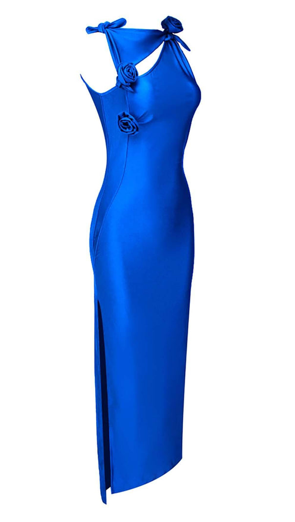 AIIZIE ROSE-EMBELLISHED SATIN MIDI DRESS IN BLUE - product image