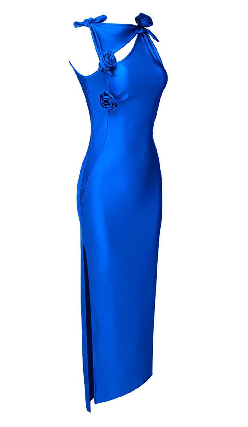 ROSE-EMBELLISHED SATIN MIDI DRESS IN BLUE