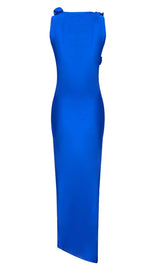 ROSE-EMBELLISHED SATIN MIDI DRESS IN BLUE