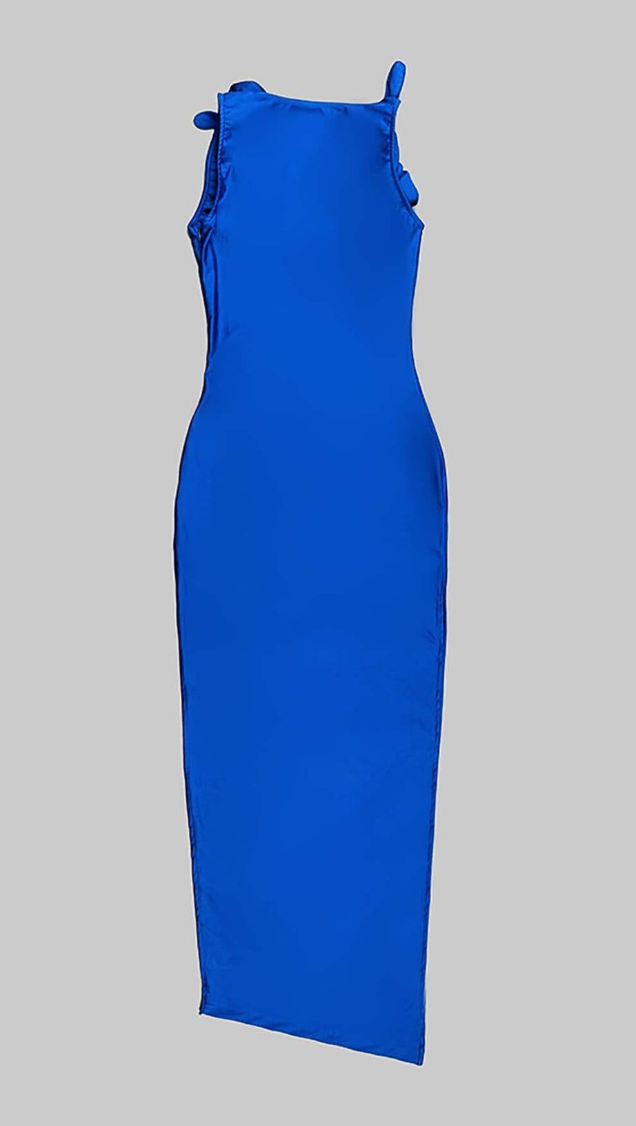 ROSE-EMBELLISHED SATIN MIDI DRESS IN BLUE