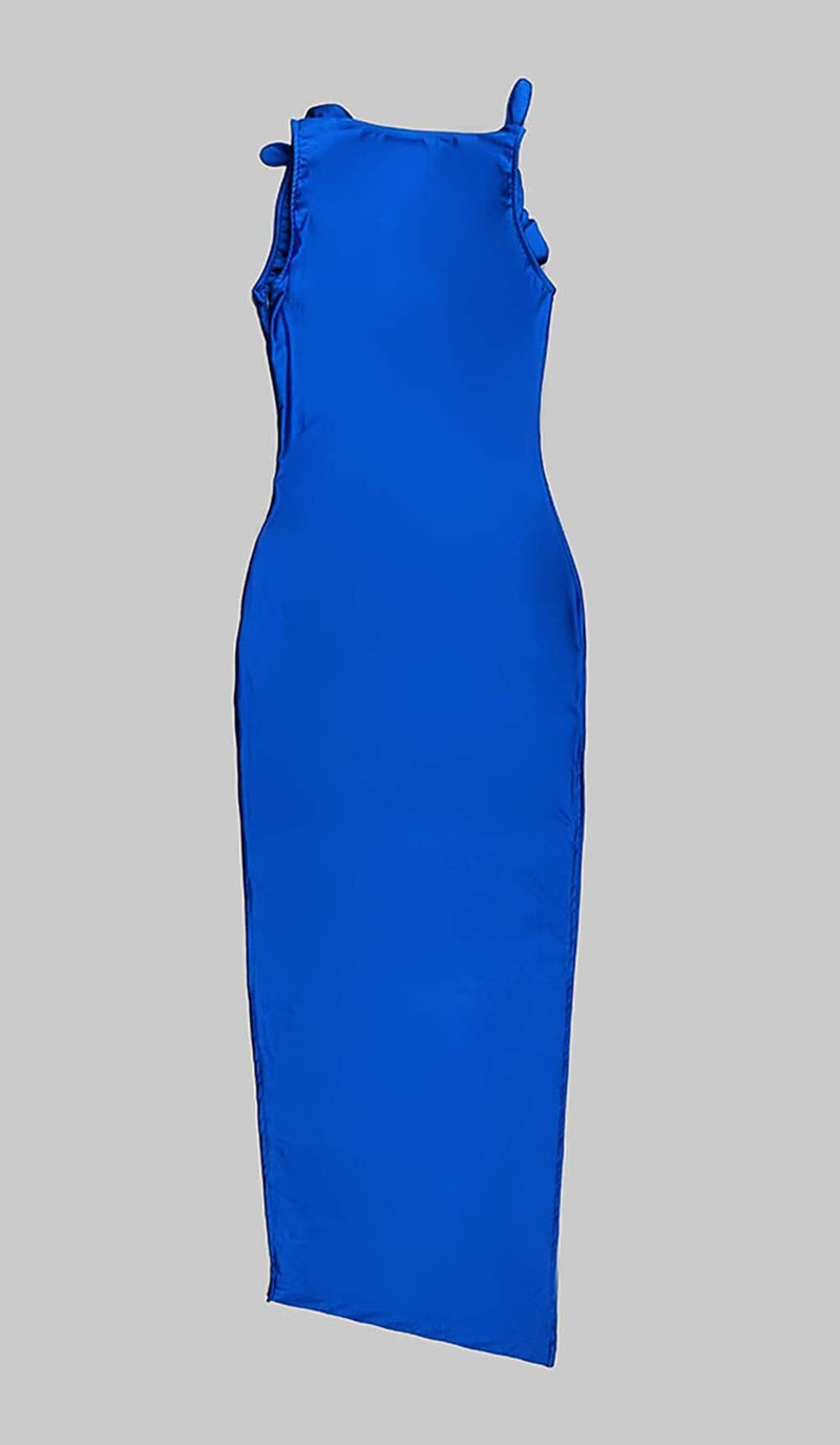 ROSE-EMBELLISHED SATIN MIDI DRESS IN BLUE