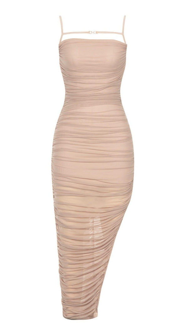 AIIZIE RUCHED BODYCON MIDI DRESS IN TAUPE - product image
