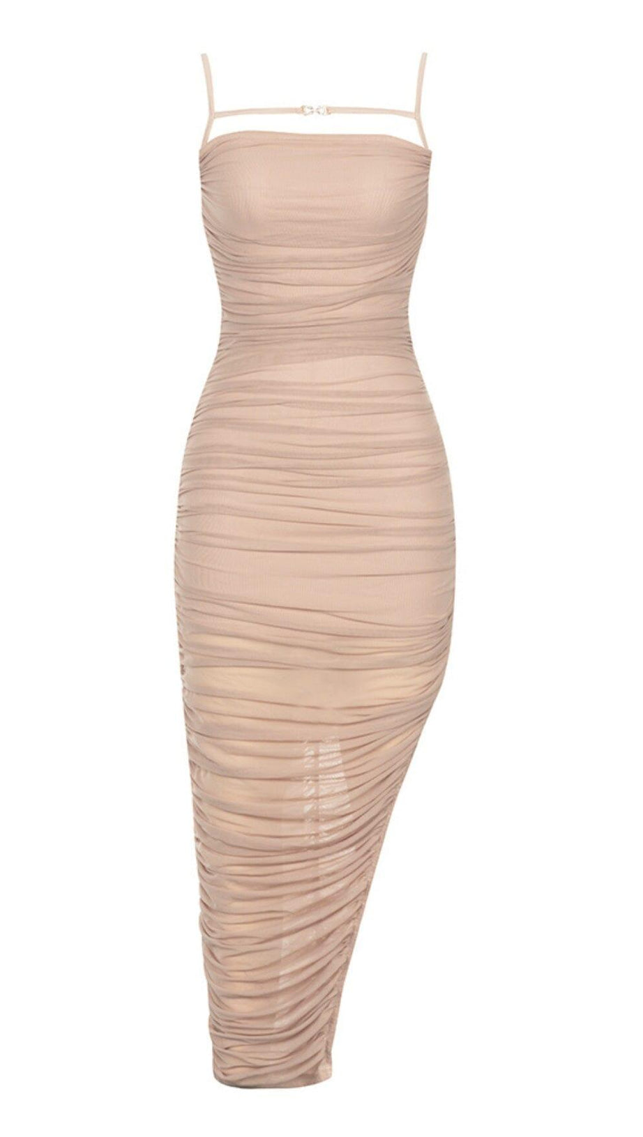 RUCHED BODYCON MIDI DRESS IN TAUPE