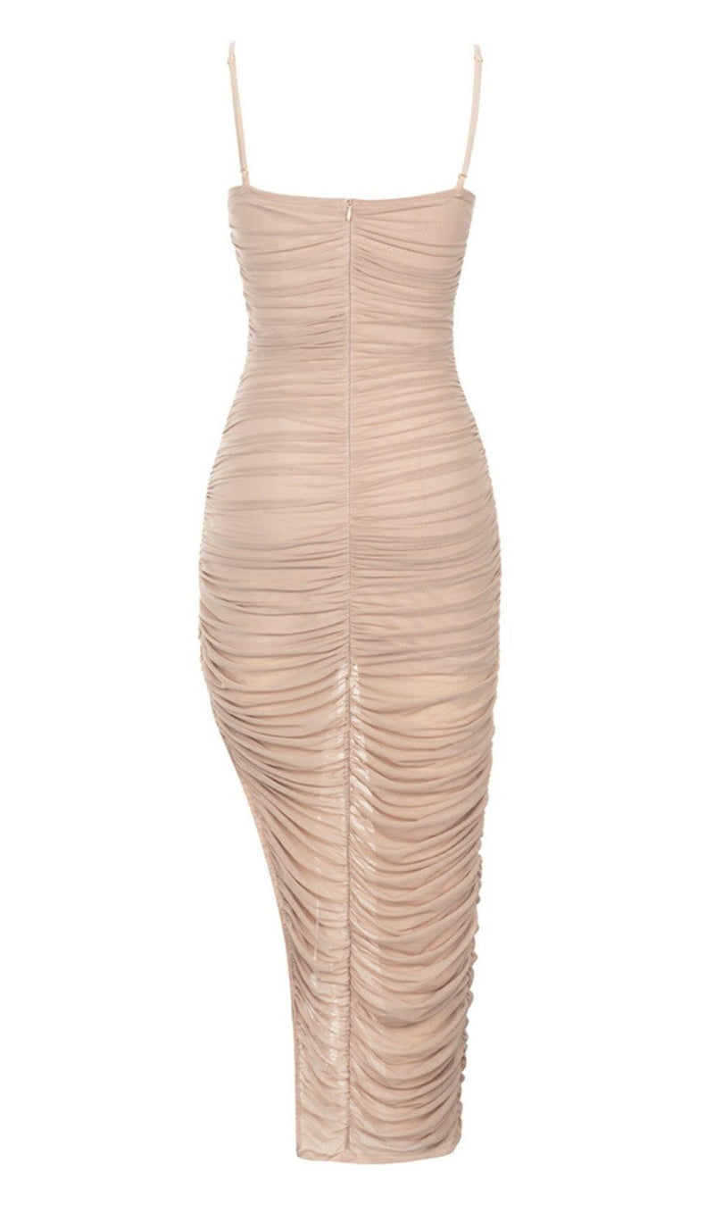 RUCHED BODYCON MIDI DRESS IN TAUPE