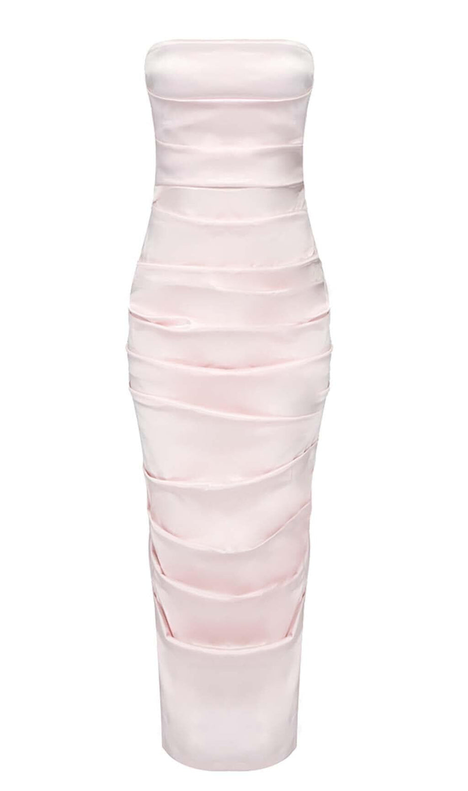 RUCHED OFF-SHOULDER SLIM MIDI DRESS IN PINK