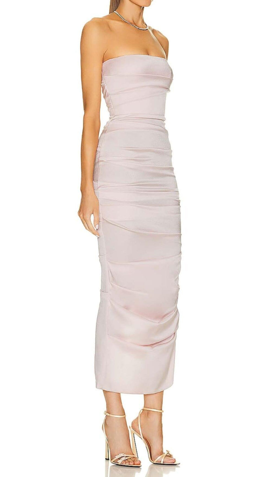 RUCHED OFF-SHOULDER SLIM MIDI DRESS IN PINK
